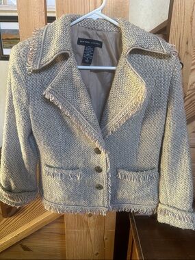 New York & Company Fringe-Trim Tweed Blazer in Beige